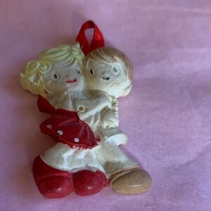 Adorable Kids Couple Holiday Ornament in Red and Cream. Vintage